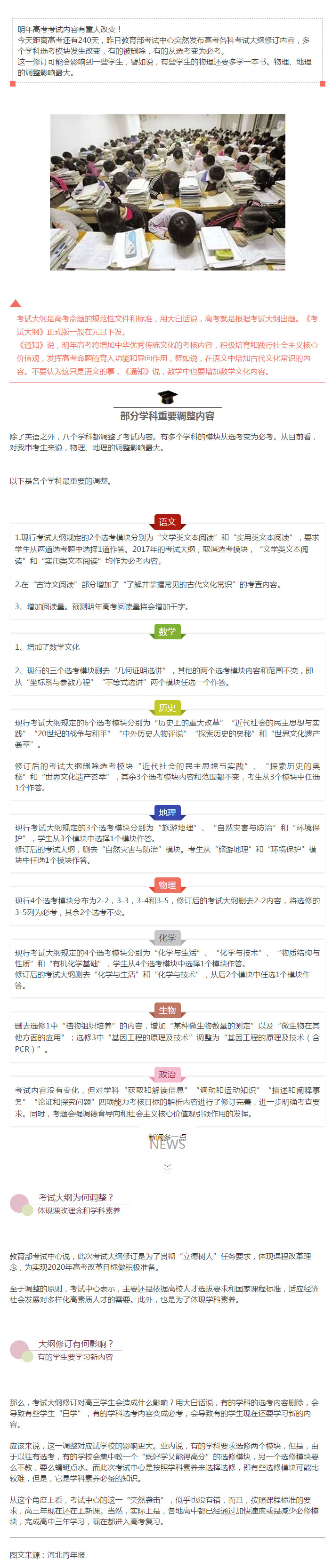 2017年高考考试内容有重大改变！ 今天距离高考还有240天，昨日教育部考试中心突然发布高考各科考试大纲修订内容，多个学科选考模块发生改变，有的被删除，有的从选考变为必考。 这一修订可能会影响到一些学生，譬如说，有些学生的物理还要多学一本书。物理、地理的调整影响最大。